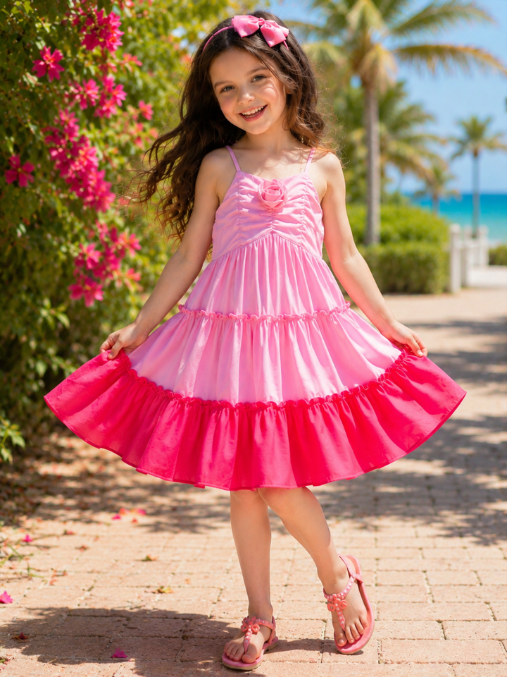 pink vacation dress Blushing Pink Ombre Rosette Tiered Dress