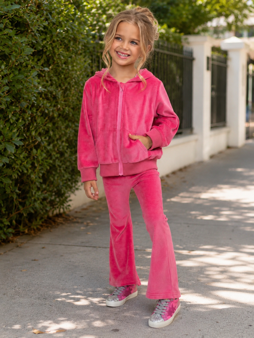 Cozy Charm Pink Velour Flare Pant Set