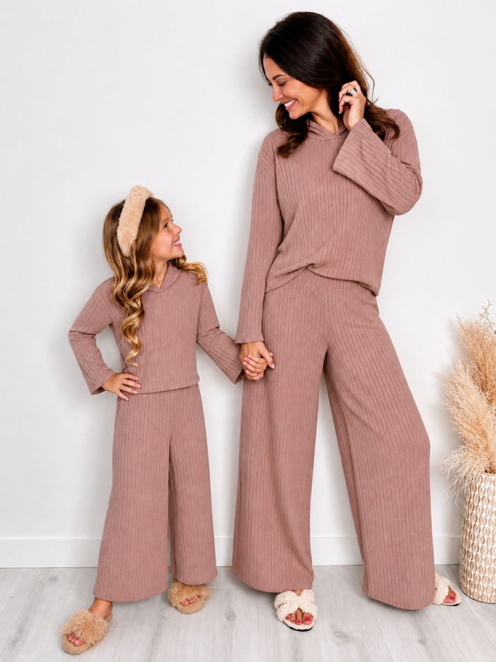 Mommy and Me Cozy Beige Ribbed Hooded Pant Set