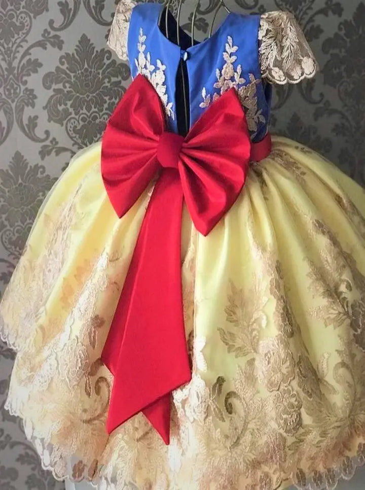 Girls Floral Lace Embroidery Beaded Dress With Red Bow