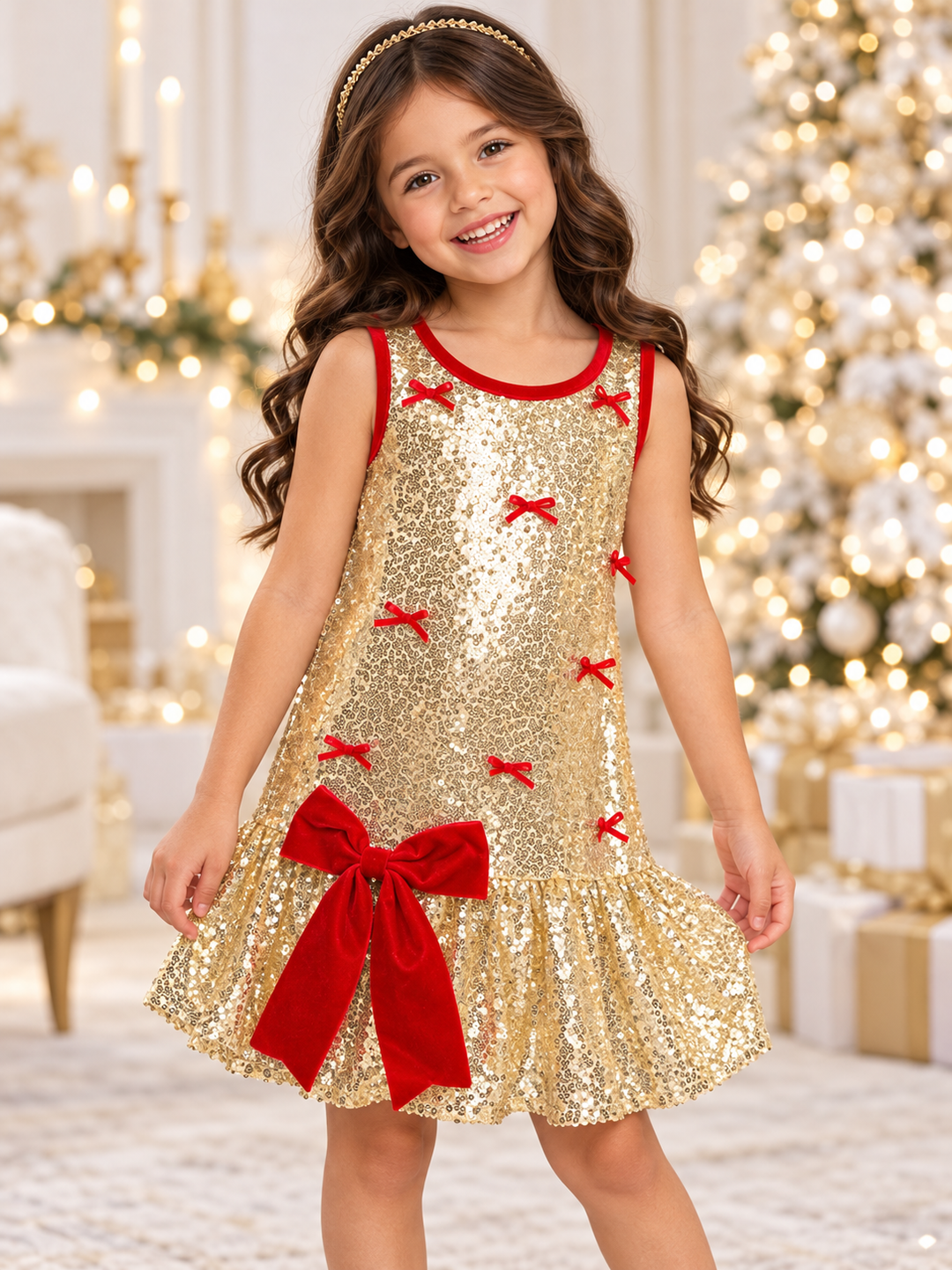 Gold Sequin Bow Christmas Drop Waist Dress