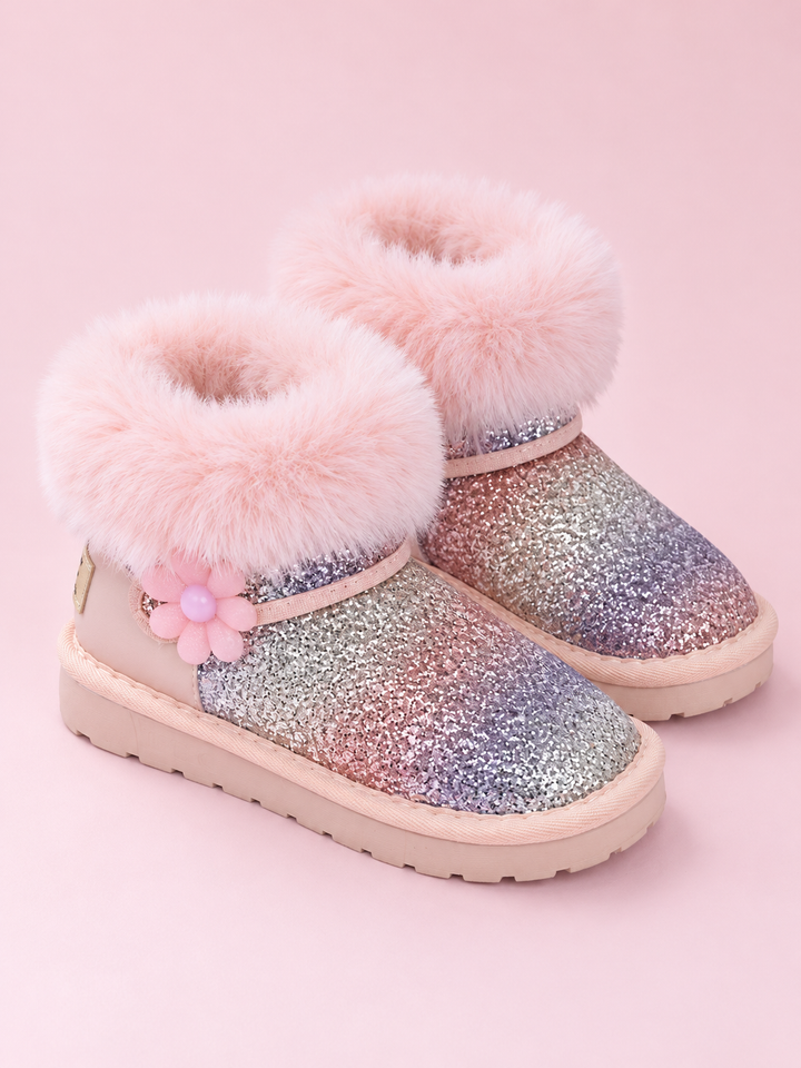 Rainbow Ombre Sparkle Flower Faux-Fur Boots