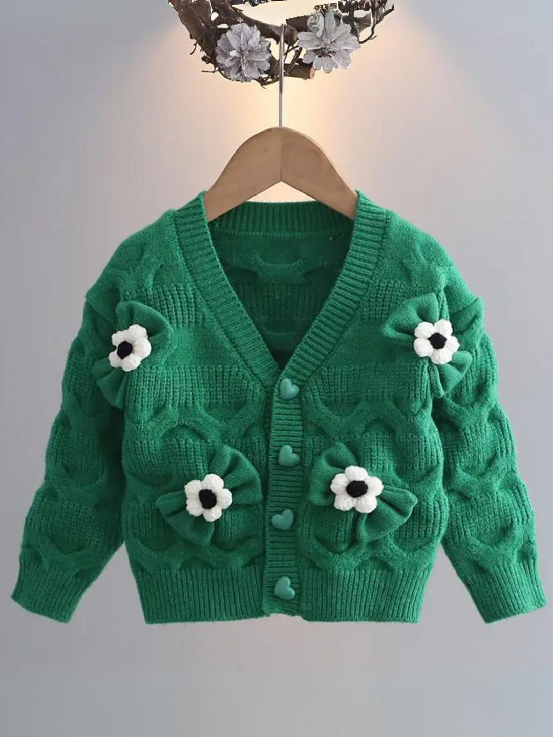 Girls Floral Button-Up Cardigan with Adorable 3D Flower Details and Heart-Shaped Buttons Mia Belle Girls