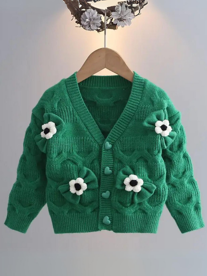 Girls Floral Button-Up Cardigan with Adorable 3D Flower Details and Heart-Shaped Buttons Mia Belle Girls
