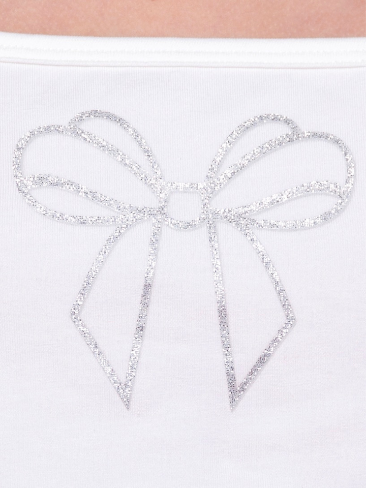 Detail of bow graphic on girls sleeveless top