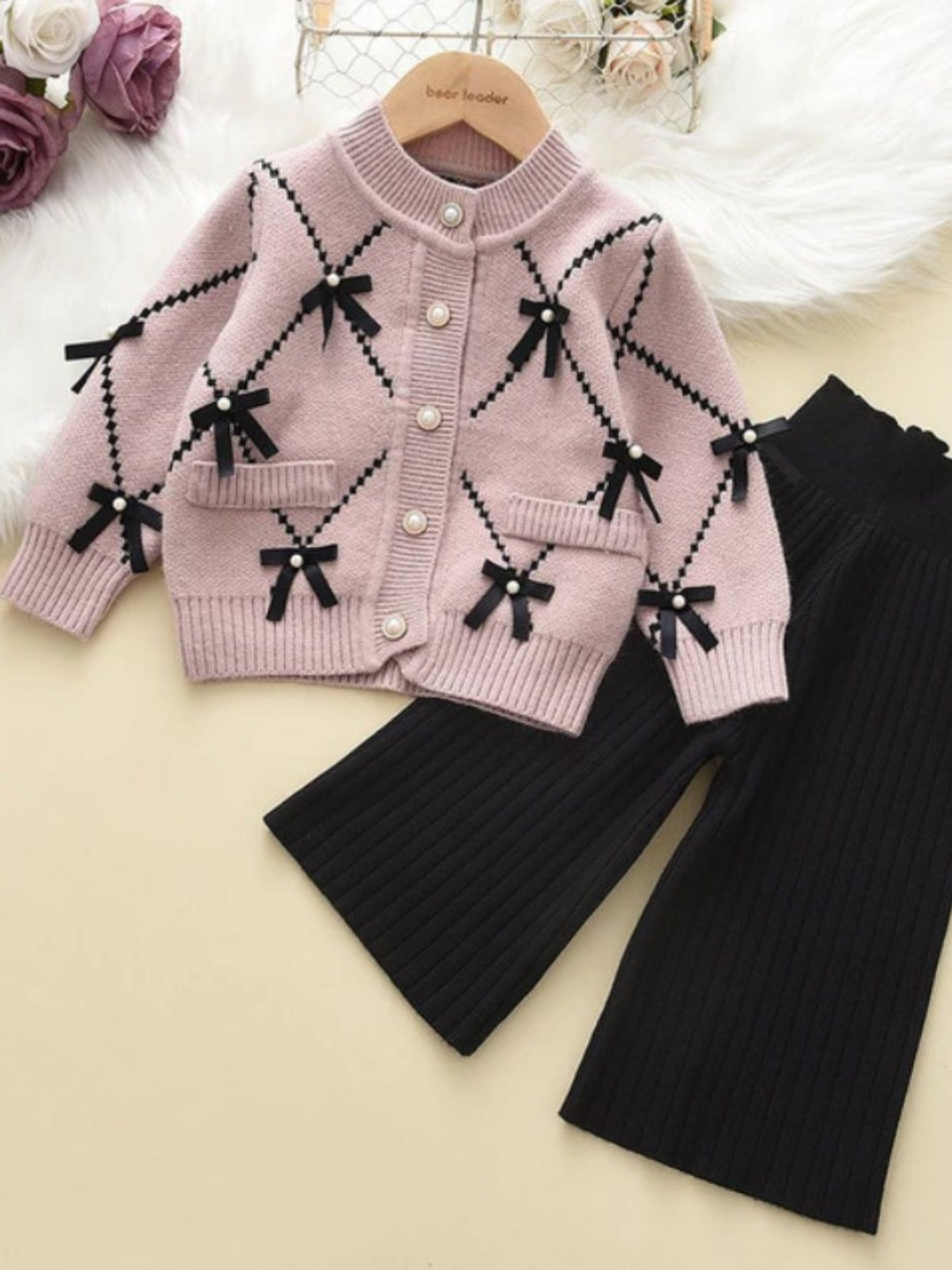 Darling Fashionista Bow-Embellished Pink Sweater & Pants Set