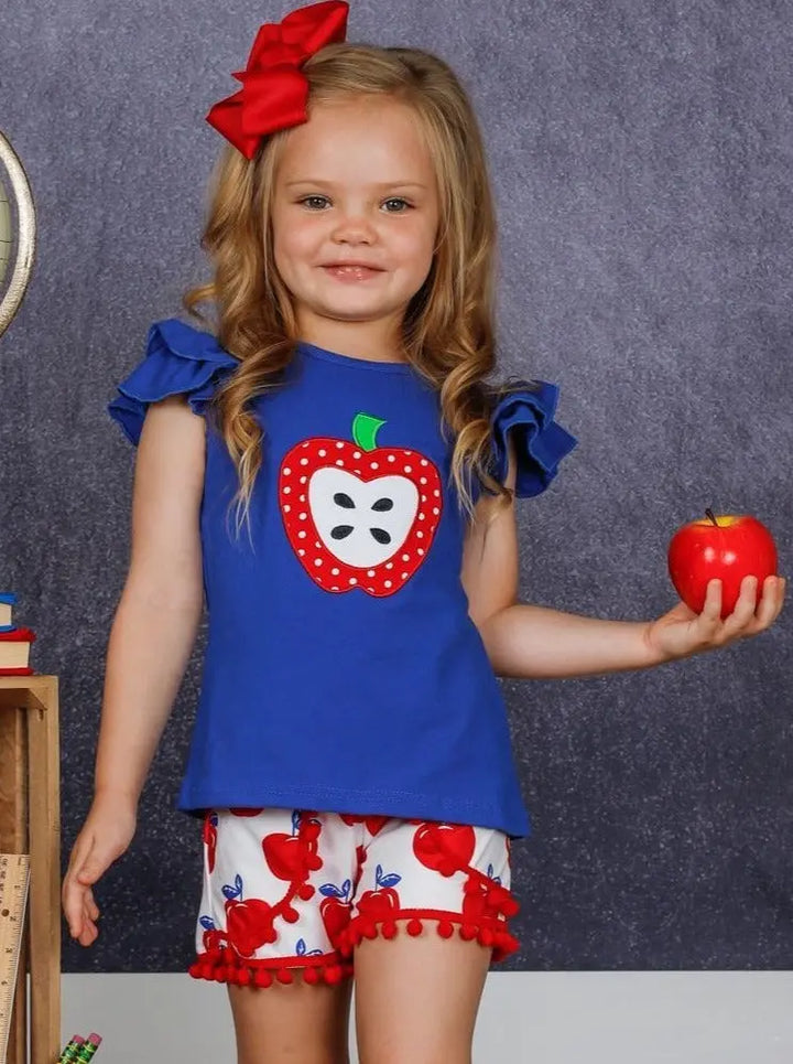 First Day of School | Apple Top & Pom Pom Short Set  | Mia Belle Girls
