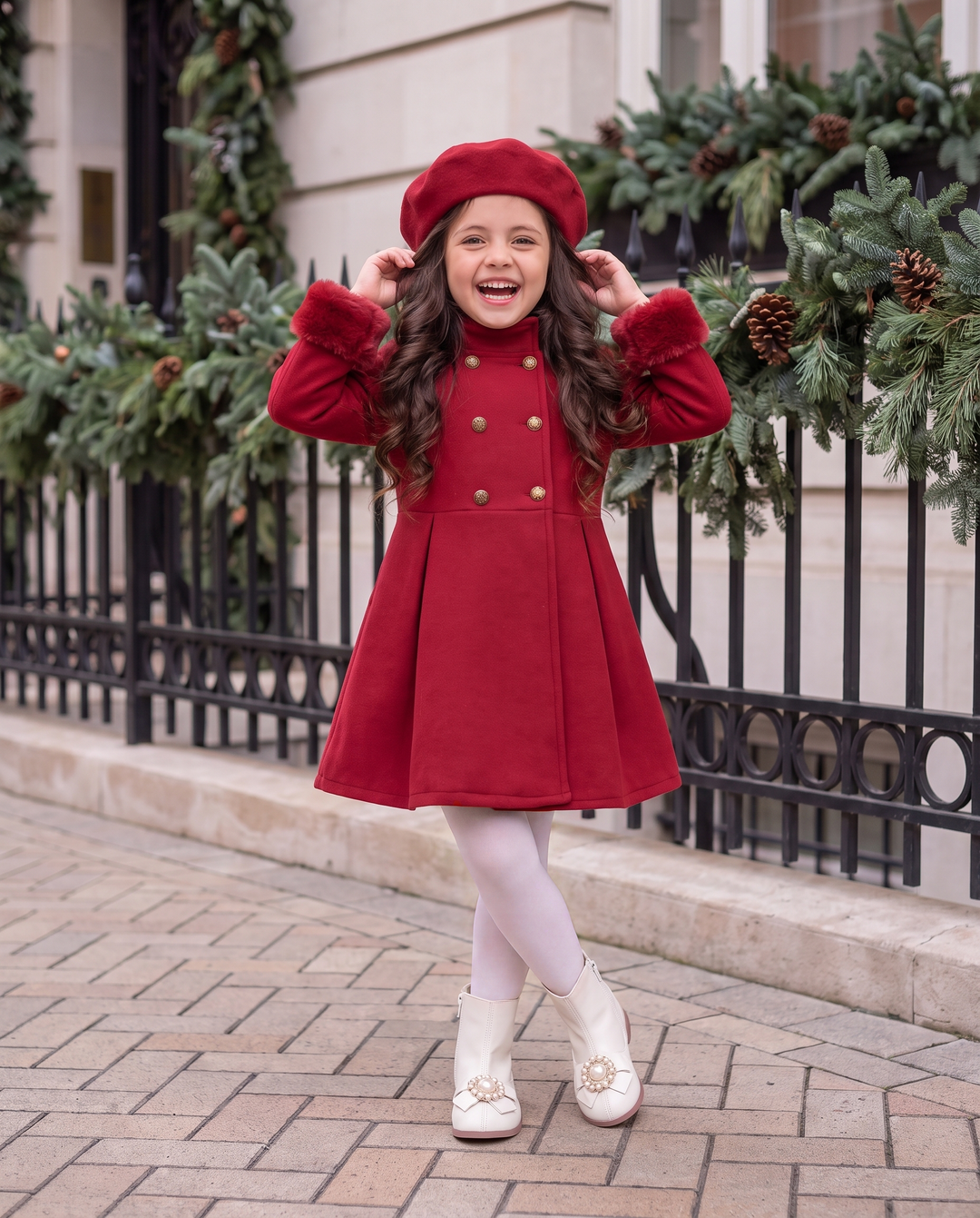 Girls Red Fleece Coat And Beret Set