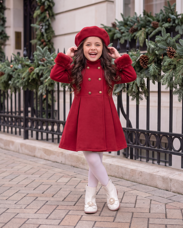 Girls Red Fleece Coat And Beret Set