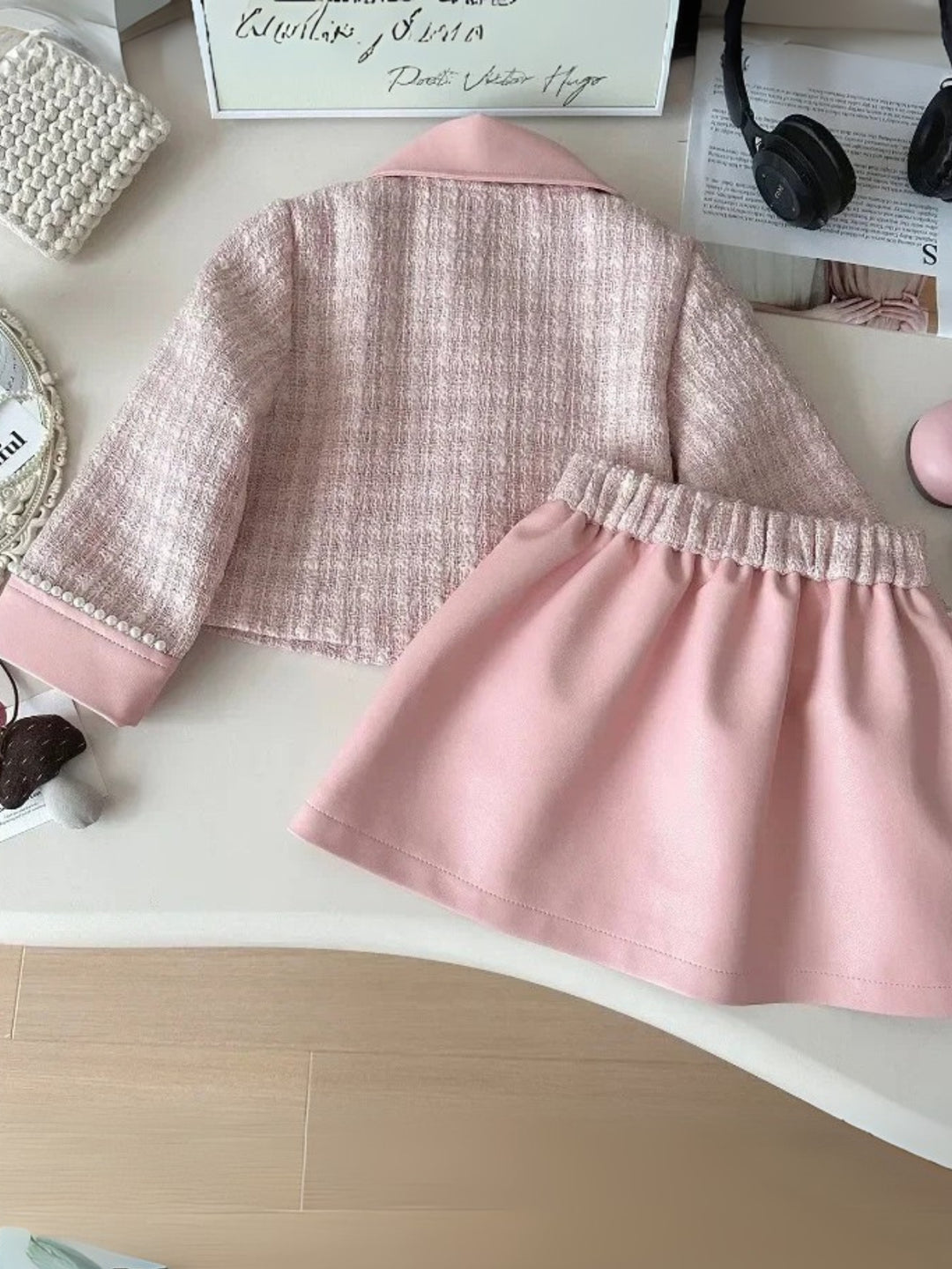 Elegant Pearl Trim Pink Jacket & Skirt Set