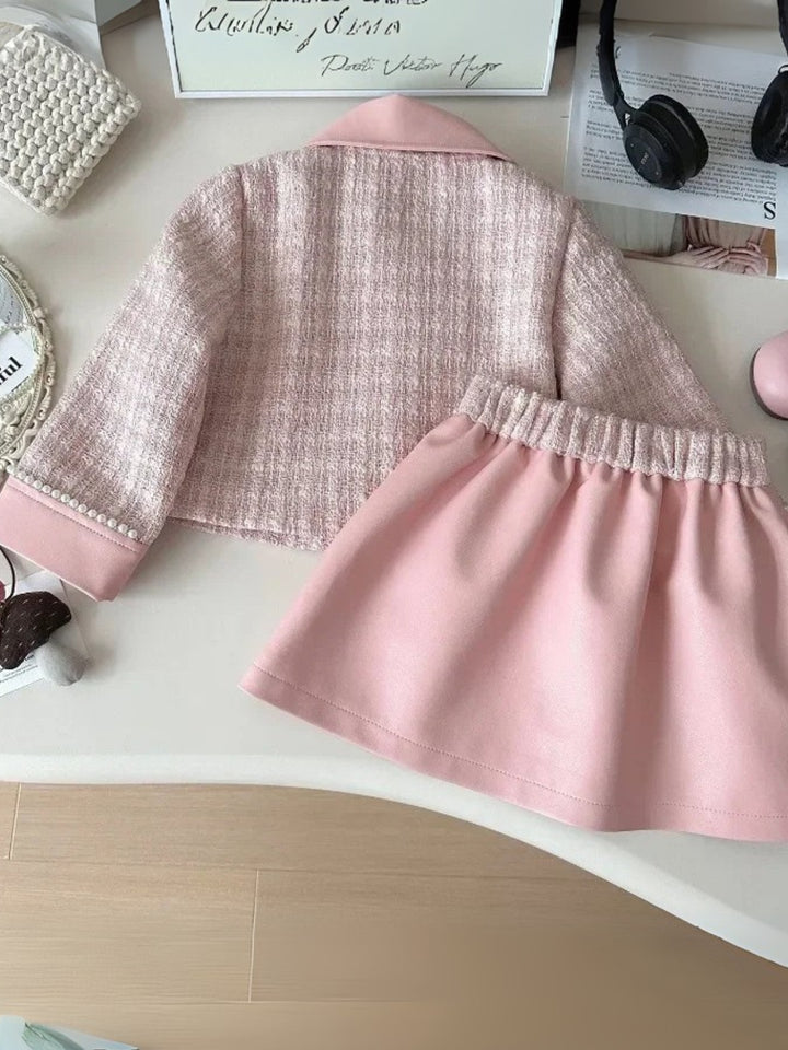 Elegant Pearl Trim Pink Jacket & Skirt Set