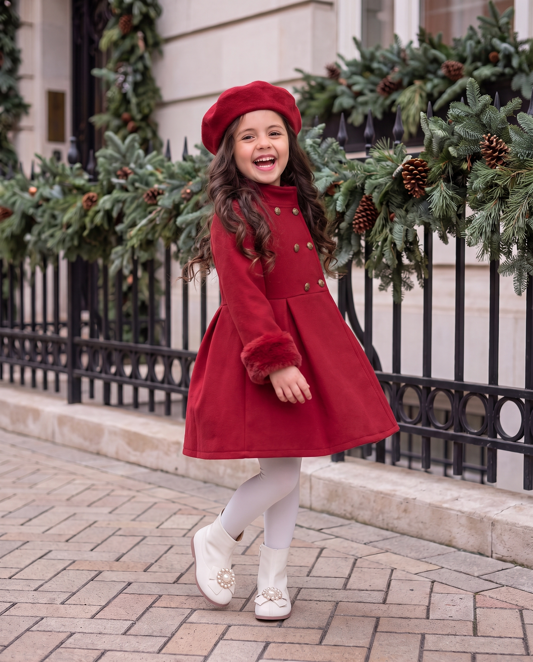 Girls Red Fleece Coat And Beret Set