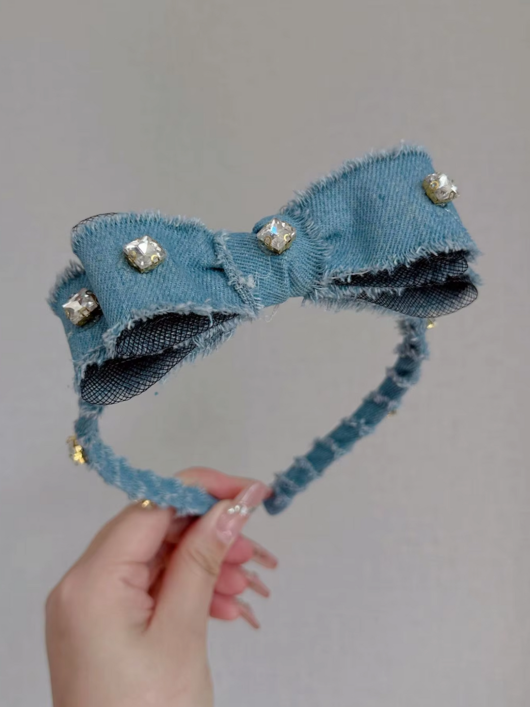Festive Denim Diamond-Embedded Bow Headband Mia Belle Girls