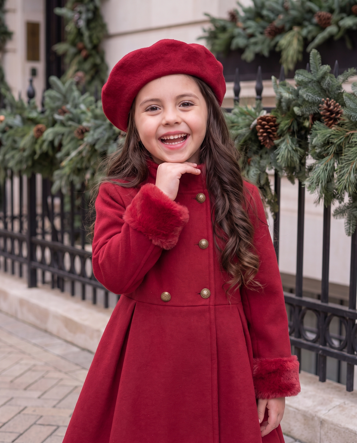 Girls Red Fleece Coat And Beret Set