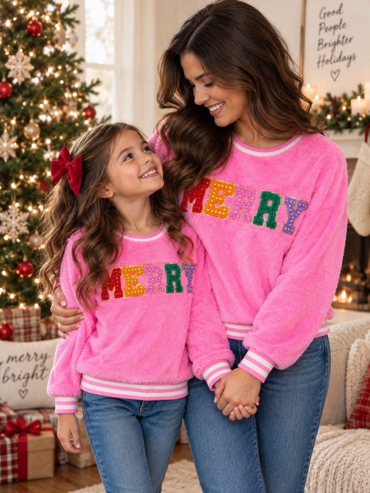 Mommy and Me Merry Embroidered Pink Furry Sweater