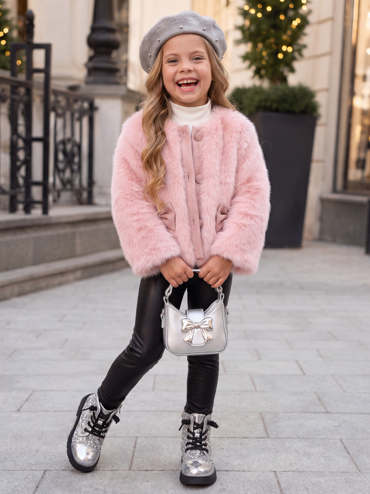 Snow Angel Bow & Pom-Pom Faux Fur Coat