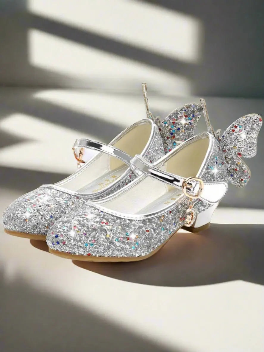 Girls Glitter Butterfly Mary Jane Mini Heels By Liv and Mia - Silver