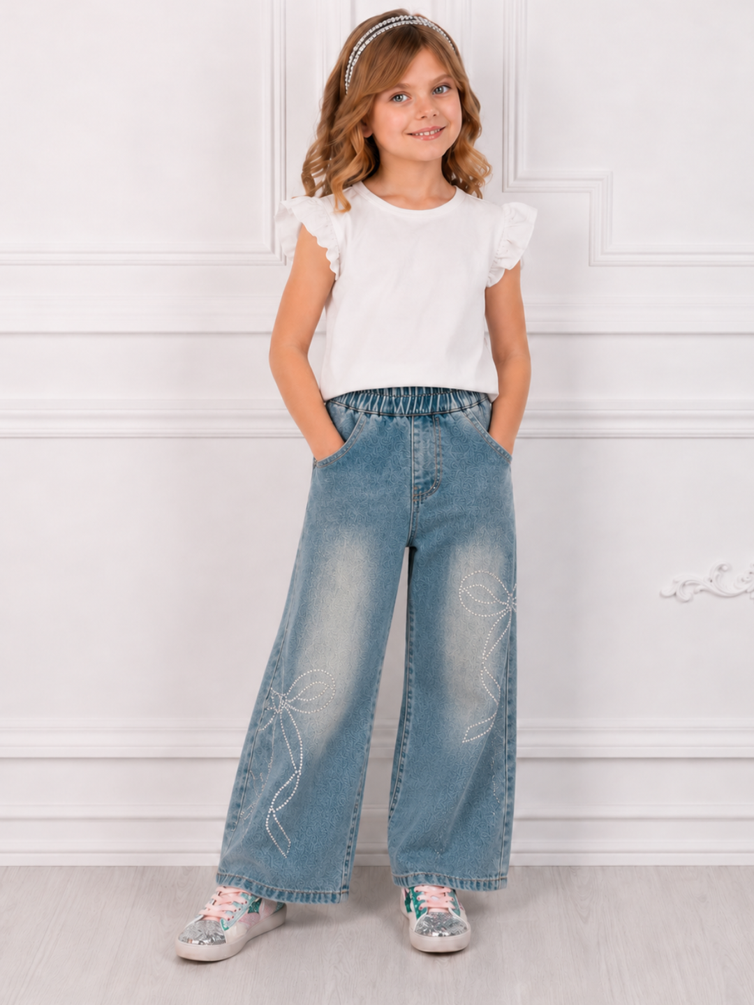 Rhinestone Bow Wide Leg Denim Jeans