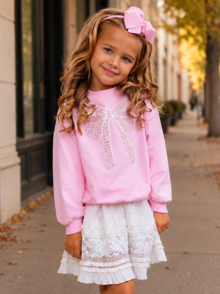 Pretty in Pink Pearl Bow Top and Lace Skirt Set
