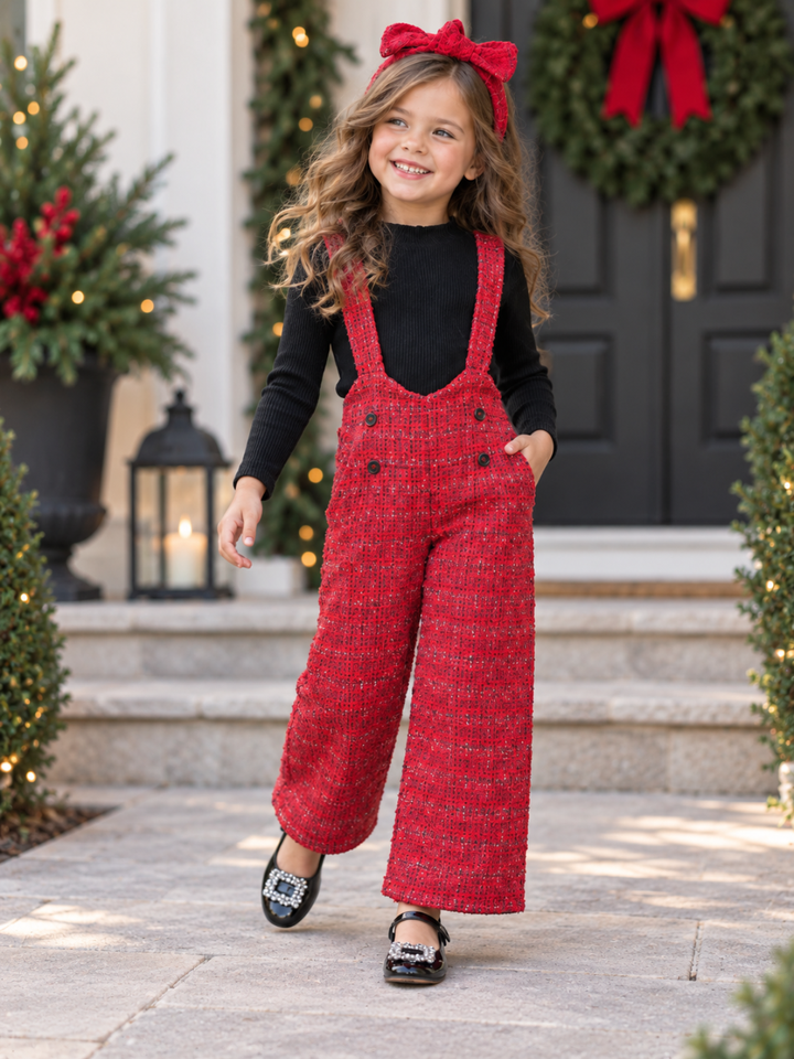Cozy Couture Turtleneck Top and Flannel Overalls Set