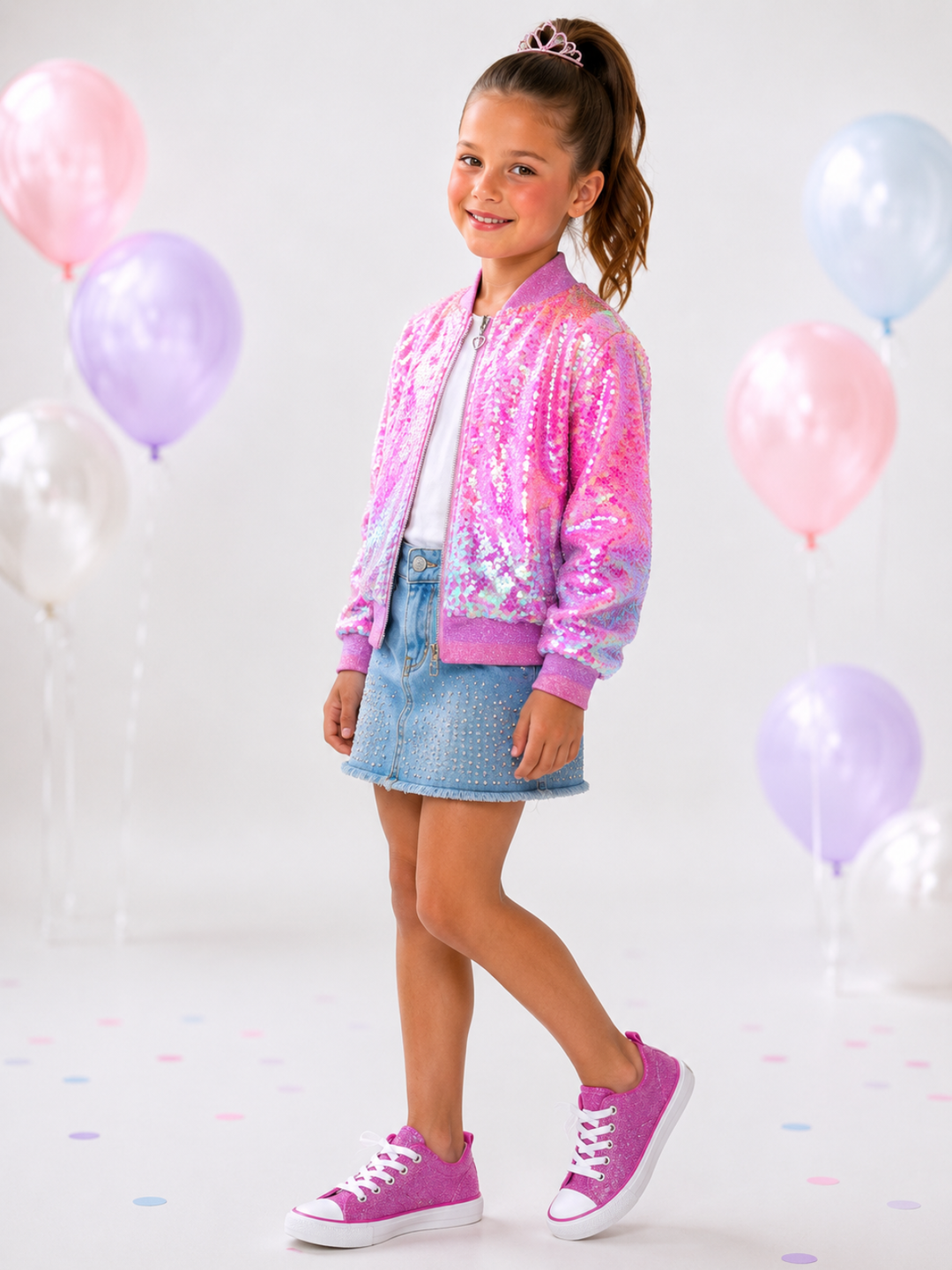 Starlight Sparkle Iridescent Sequin Bomber Jacket Mia Belle Girls