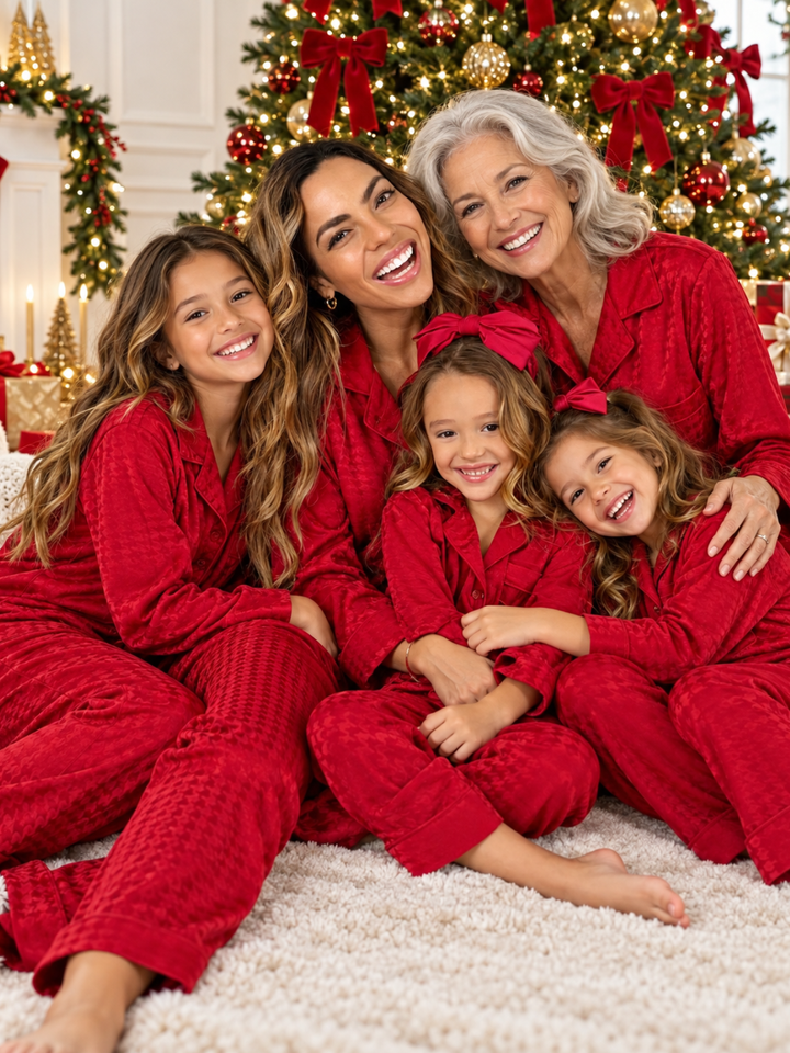 Family Matching Red Houndstooth Silky 2-Piece Christmas Pajama Set