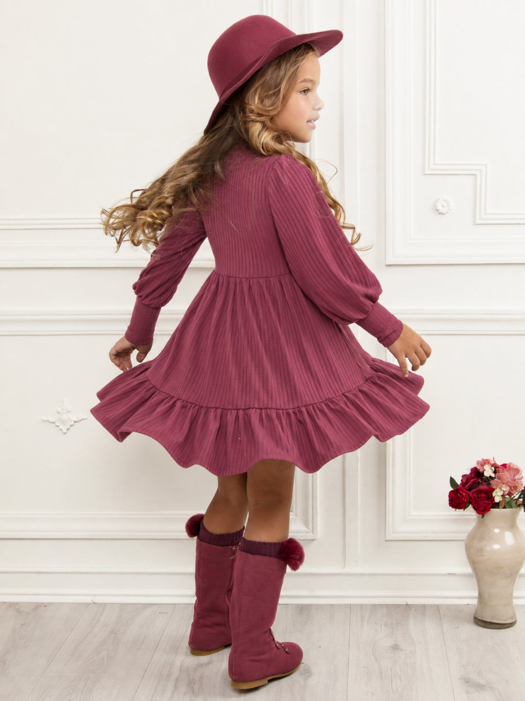 Snuggle & Twirl Burgundy Ribbed Mockneck Dress