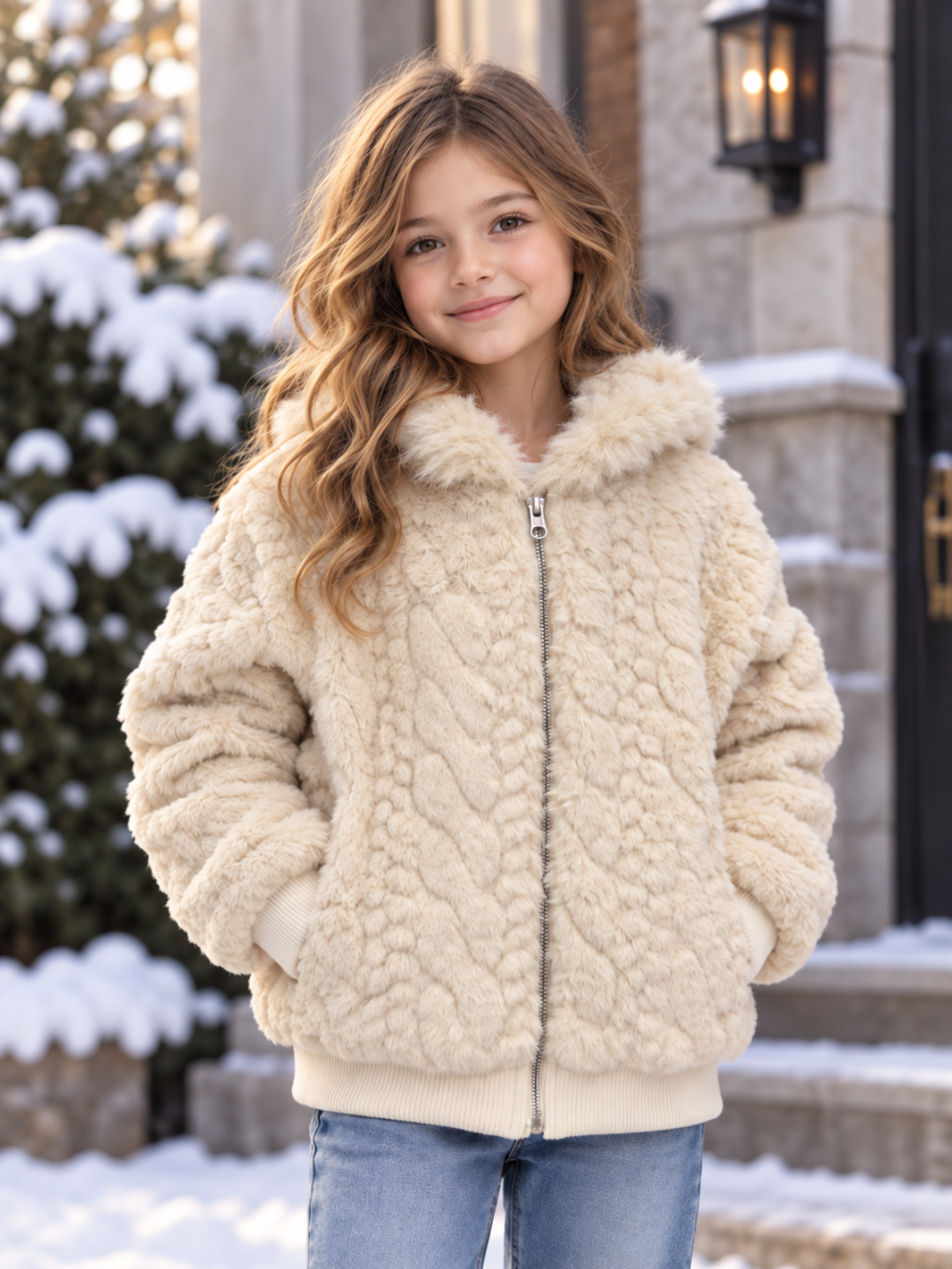 Luxe Winter Ivory Cable Knit Faux Fur Jacket