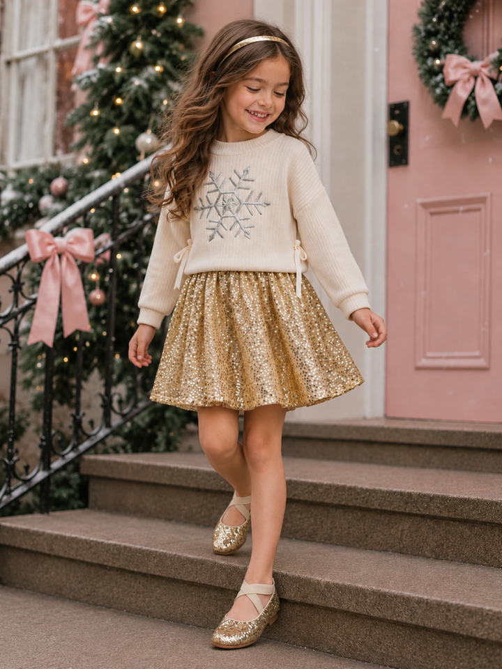 Snowflake Sparkle Sweater and Gold Sequin Skirt Set