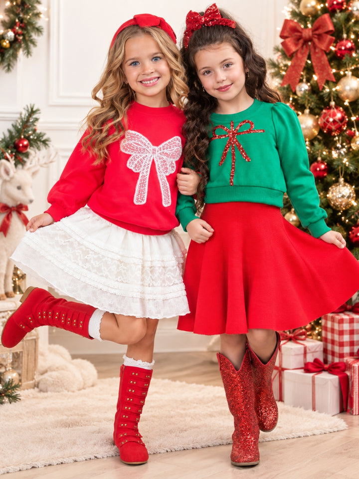 Girls Luxe Green Sequin Bow Sweatshirt and Red Skirt Christmas Set