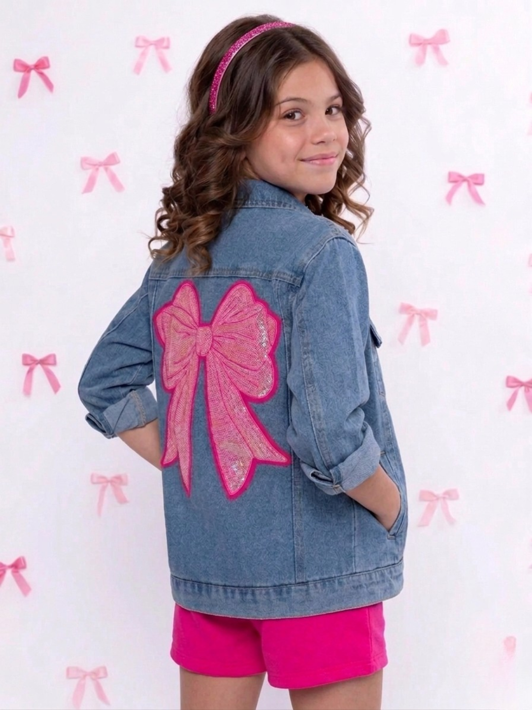 Ellaria Sequin Bow Denim Jacket Mia Belle Girls