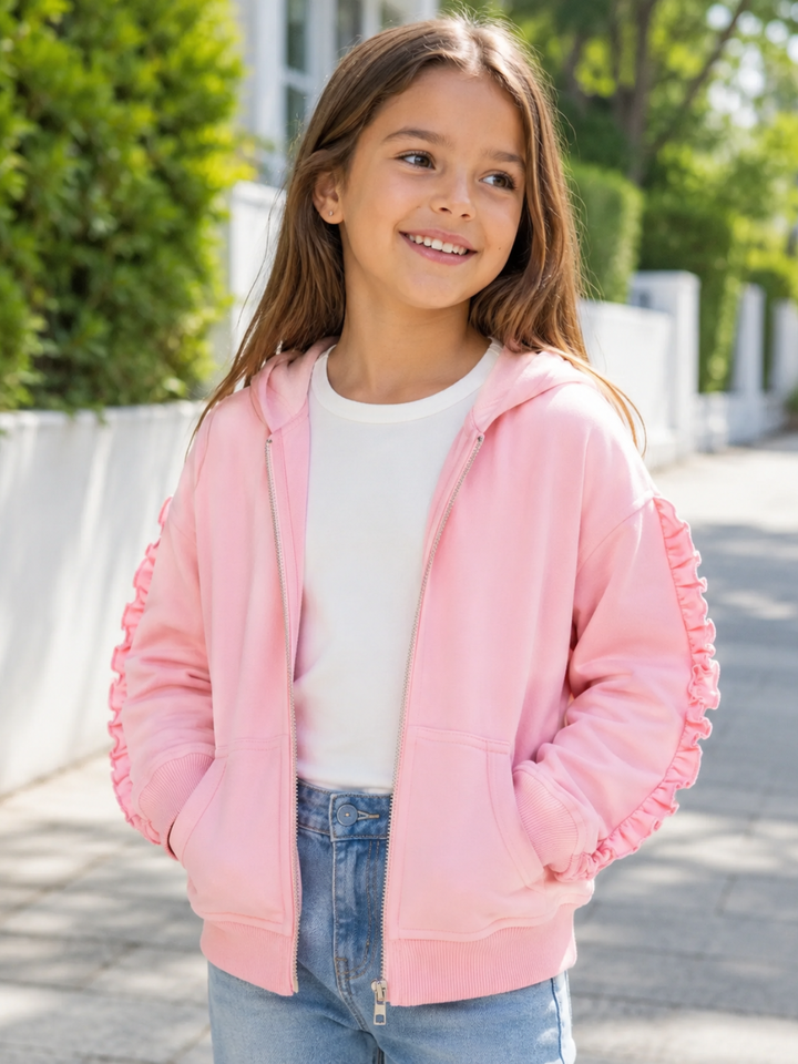 Styled in Pink Ruffle Sleeve Zip-Up Hoodie