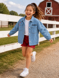 SmileyWorld Glitter Patch Denim Bomber Jacket