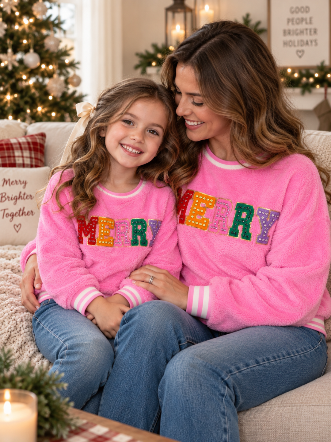 Mommy and Me Merry Embroidered Pink Furry Sweater