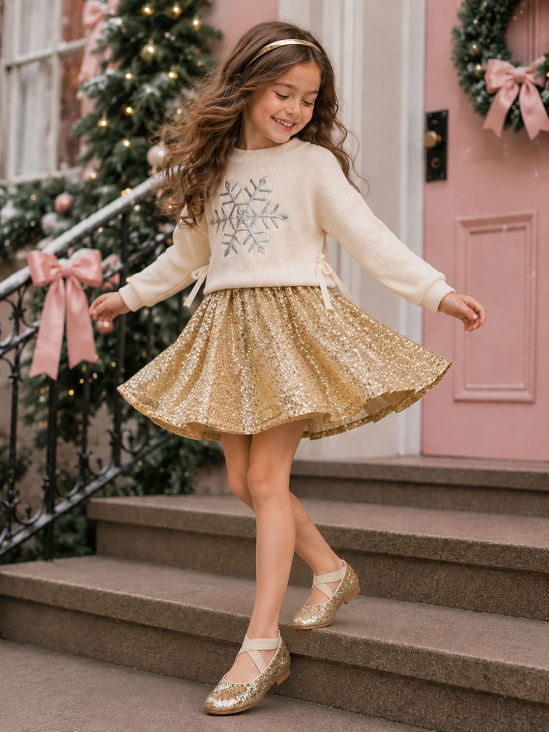 Snowflake Sparkle Sweater and Gold Sequin Skirt Set