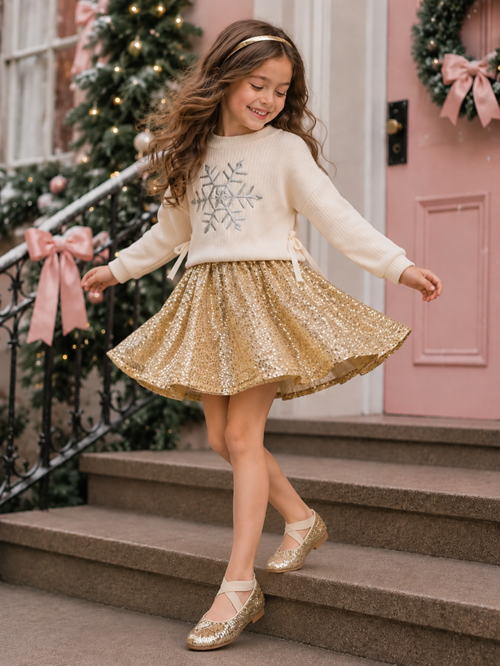 Snowflake Sparkle Sweater and Gold Sequin Skirt Set