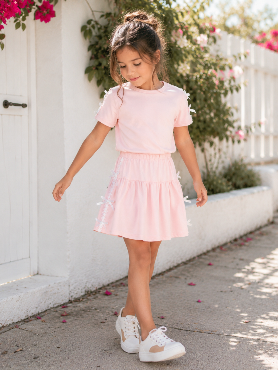 Pink Lace Bow Top and Pleated Skirt Set