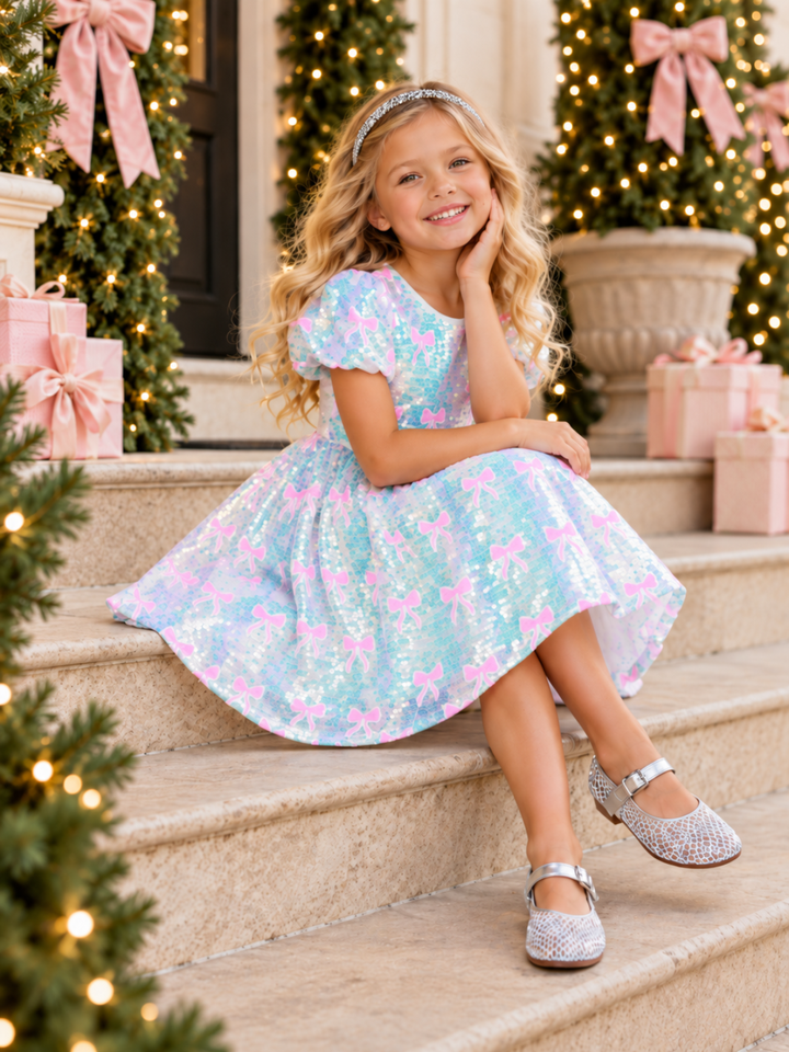 Holiday Sparkle Pink Bow Sequin Dress