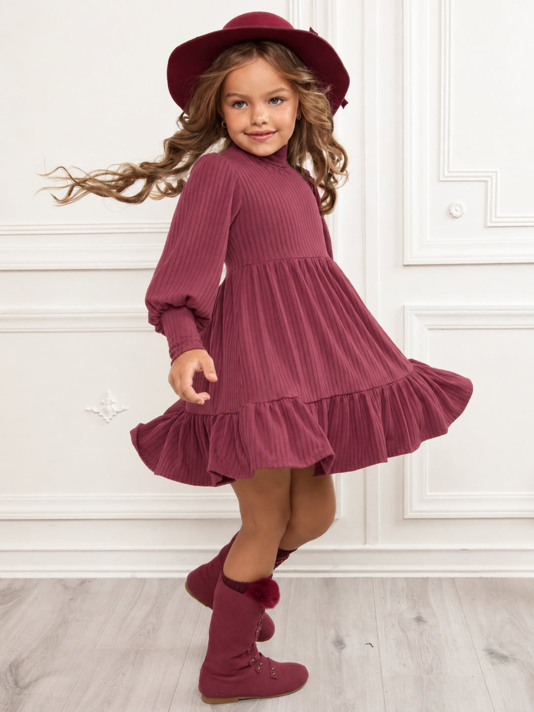 Snuggle & Twirl Burgundy Ribbed Mockneck Dress