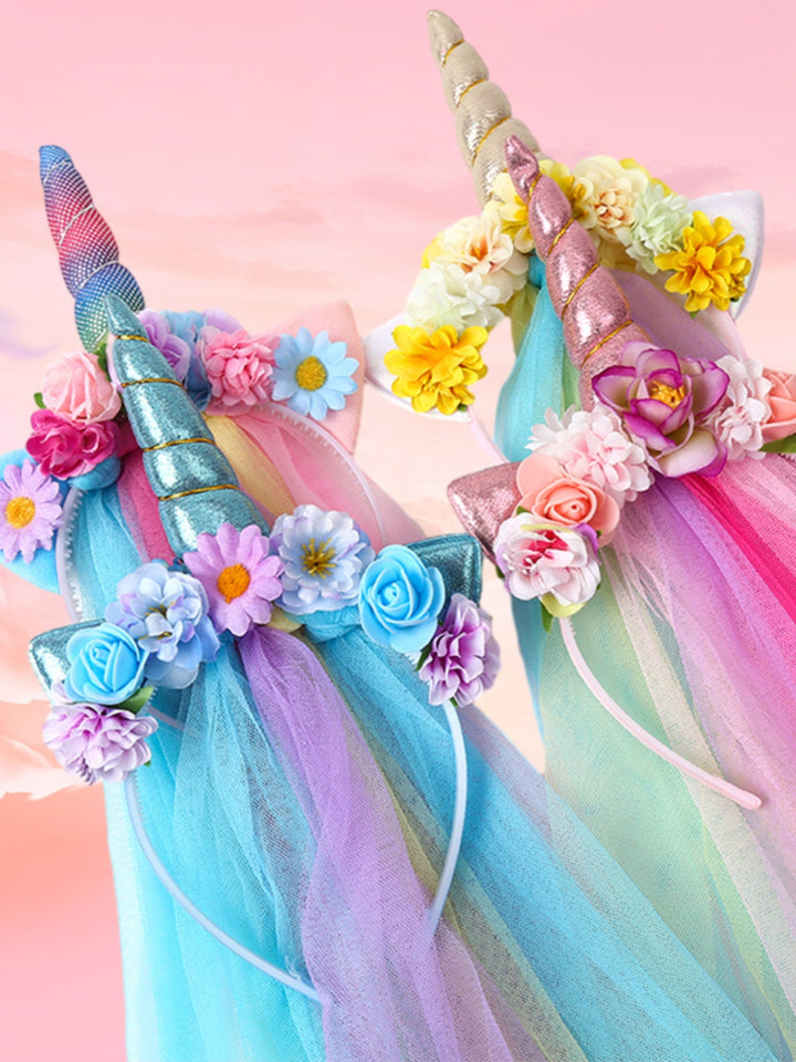 Glitter Unicorn Party Headband with Rainbow Tulle Veil