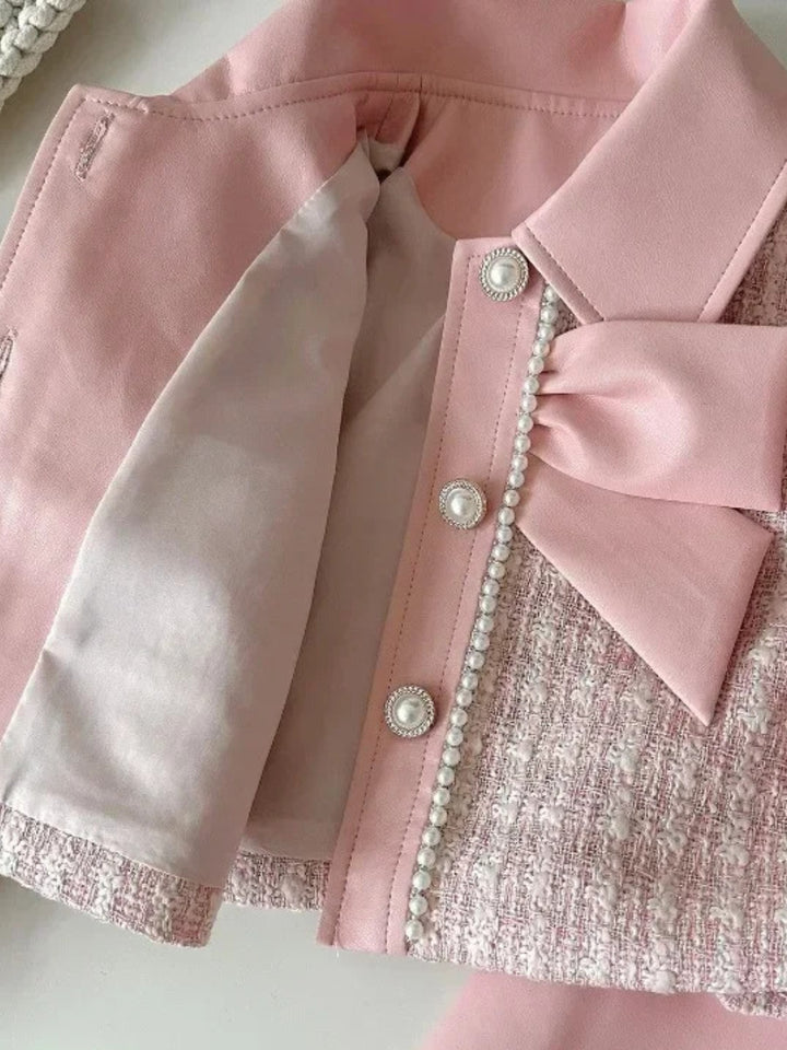 Elegant Pearl Trim Pink Jacket & Skirt Set
