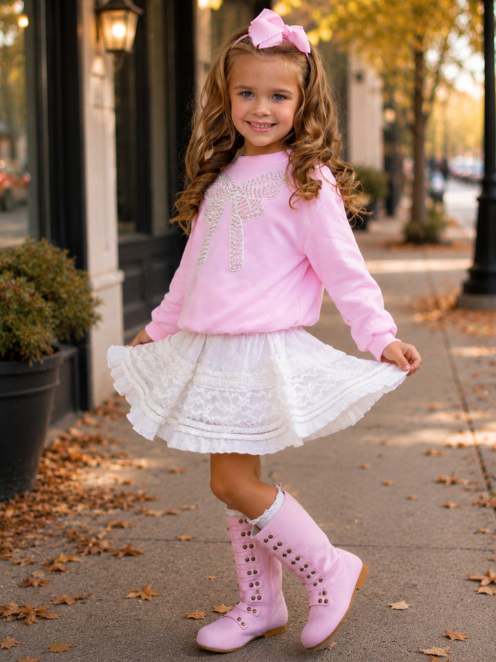 Pretty in Pink Pearl Bow Top and Lace Skirt Set