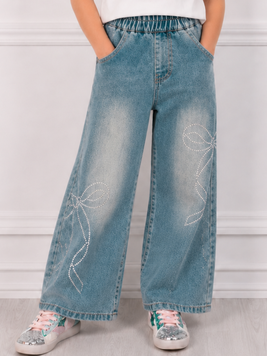 Rhinestone Bow Wide Leg Denim Jeans