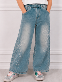 Rhinestone Bow Wide Leg Denim Jeans