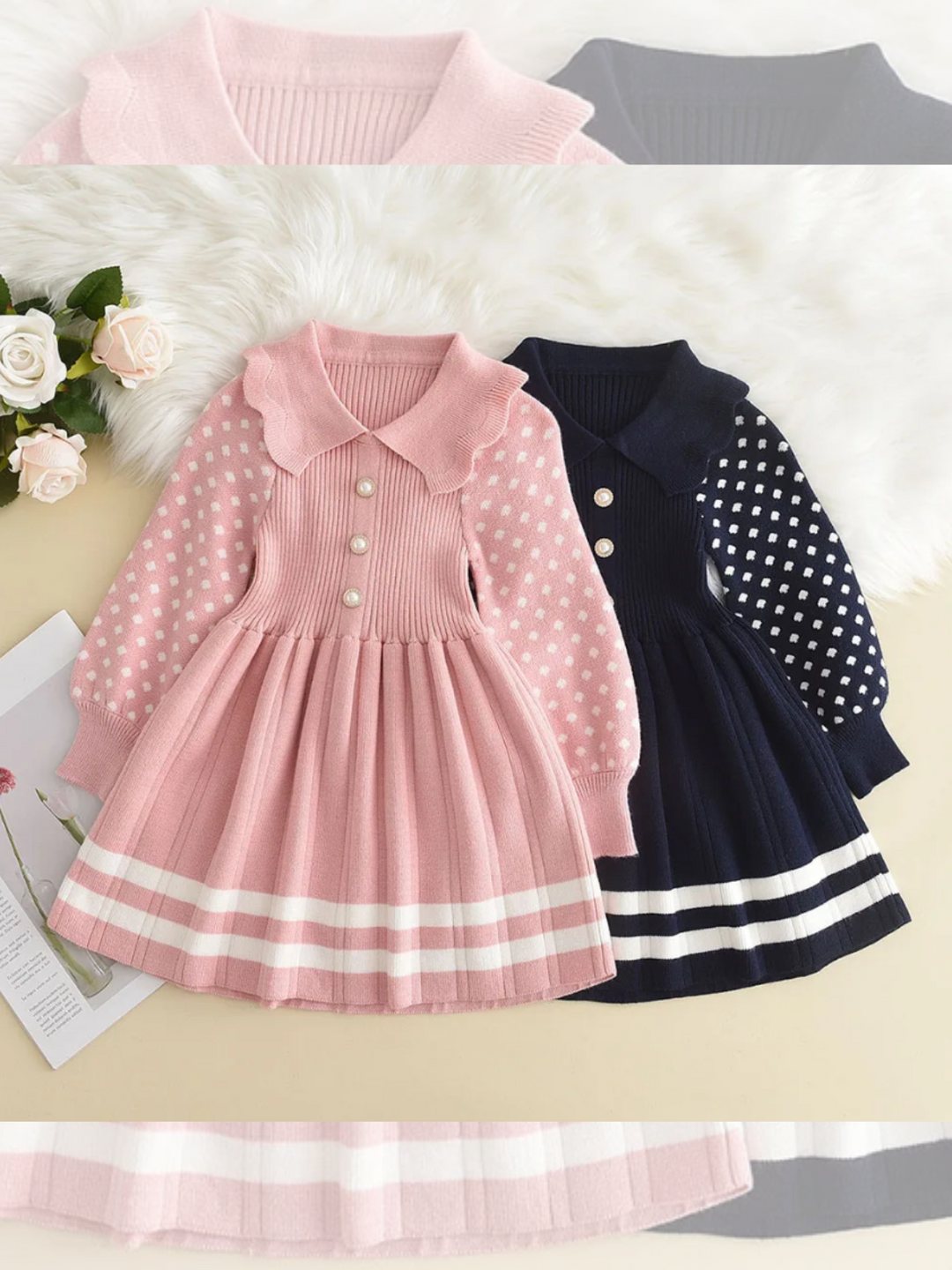 Adorable Polka Dot Sleeve Pleated Knit Dress Mia Belle Girls