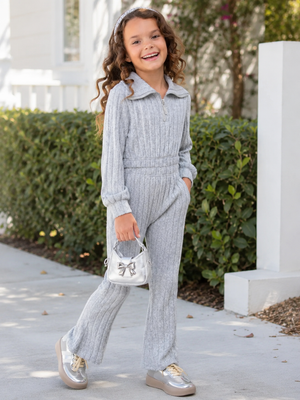 Heather Gray Ribbed Sweater & Flare Leg Pant Set