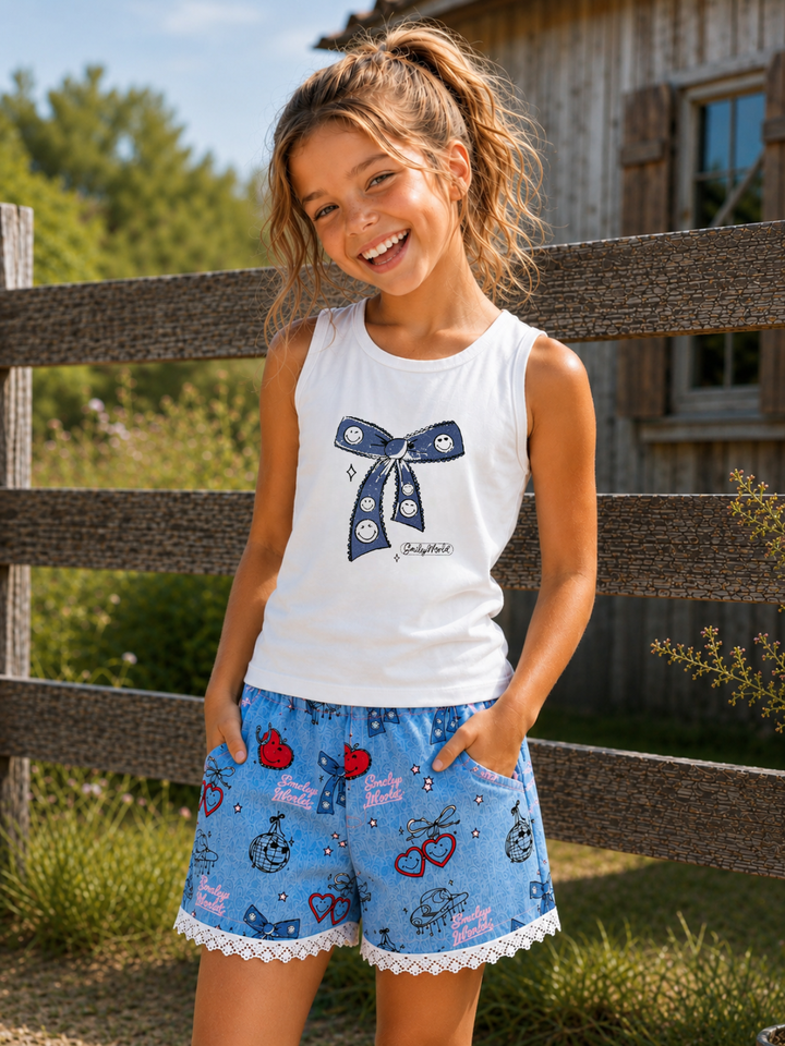 SmileyWorld Bow Tank and Girly Graphics Denim Short Set