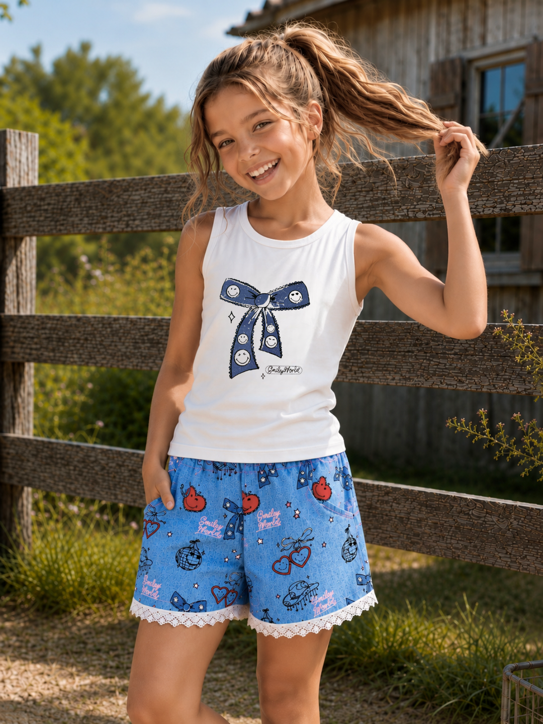 SmileyWorld Bow Tank and Girly Graphics Denim Short Set