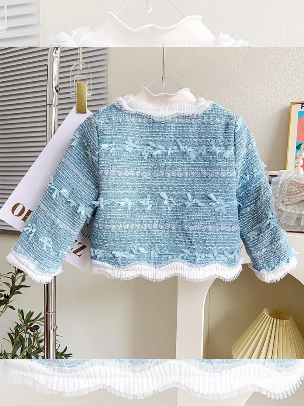 Girls Elegant Pearl Button-Up Tweed Jacket with Delicate Ruffle Trim Mia Belle Girls