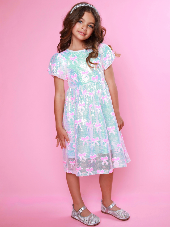 Sweet Sparkle Pink Bow Sequin Puff Sleeve Dress Mia Belle Girls